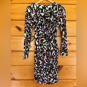 CALVIN KLEIN MOCK WRAP DRESS Ruched Floral Long sleeve Size 2